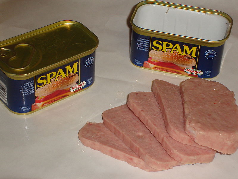 Spam in cans Matthew W. Jackson [CC-BY-SA-2.5 (http://creativecommons.org/licenses/by-sa/2.5), GFDL (http://www.gnu.org/copyleft/fdl.html) or CC-BY-SA-3.0 (http://creativecommons.org/licenses/by-sa/3.0/)], via Wikimedia Commons