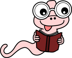 little pink worm reading a book; bookworm from OpenClipArt