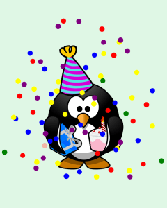 Penguin with cake and present; party!