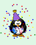 Penguin with cake and present; party!