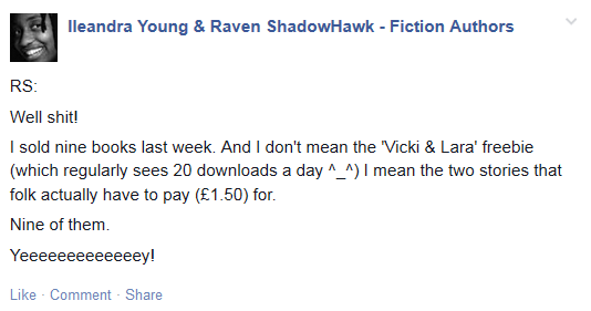 Screenshot of Facebook status re book sales.